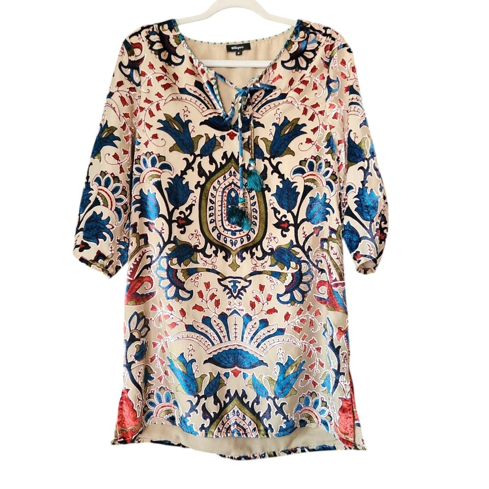 Whispers Tunic Top Womens Small Floral Boho‎ Velvet Burnout Tassels 3/4 Sleeves